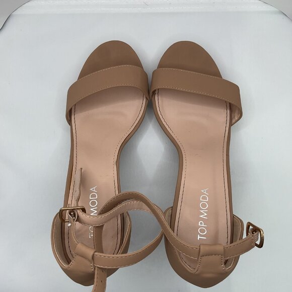 Womens Nude Block Heel Sandals Size 7  With Ankle Strap By Top Moda Square Toe - Picture 6 of 7